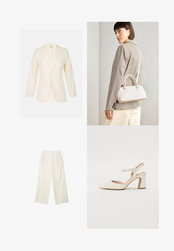 Jasnożółta marynarka z klapami, dwoma kieszeniami z przodu i zapięciem na guziki. Wykonana z gładkiego materiału o dopasowanym kroju.; Asymetryczna biała bluzka wykonana z gładkiego materiału, z jednym krótkim rękawem i jednym odkrytym ramieniem, o czystym, minimalistycznym wyglądzie.; Spodnie z szerokimi nogawkami w kremowej tkaninie o gładkiej fakturze, z pojedynczym guzikiem z przodu, subtelnymi plisami i wysokim stanem.; Czółenka w kolorze kremowym z szpiczastym noskiem i blokowym obcasem. Zawierają cienki pasek na kostkę z okrągłą klamrą oraz gładką skórzaną fakturę.; Biała torebka o strukturalnym kształcie z krótkimi uchwytami i paskiem na ramię, z złotymi akcentami i teksturowanym materiałem, prezentowana na szarym tle.