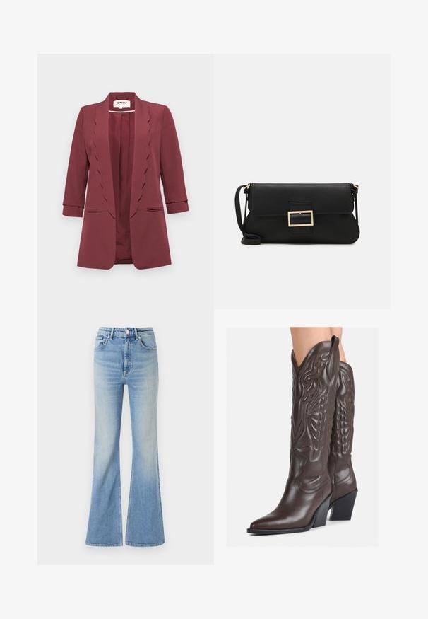 Burgundský blazer s vlnitými klopami, trojštvrťovými rukávmi a dvoma prednými vreckami; vyrobený z hladkej tkaniny s prispôsobeným strihom.; Sveter s odhalenými ramenami a dlhými rukávmi v olivovej zelenej farbe, vyrobený z mäkkej, textúrovanej tkaniny s rebrovaným výstrihom a hladkým telom.; Svetlomodré rozšírené džínsy vyrobené z denimu, s vysokým pásom, päťpokladňovým dizajnom a jemným gradientným vyblednutím smerom k spodnému okraju.; Hnedé kožené kovbojské topánky s špicatou špičkou a blokovým podrážkou, so zložitým prešívaním a vyvýšenými akcentmi na puzdre.; Čierna kožená clutch taška s klopou a zlatým kovovým detailom s prackou. Obsahuje čierny remienok a elegantný, minimalistický dizajn.; Zlaté kruhové náušnice, tenké a okrúhleho tvaru, s hladkým kovovým povrchom a bez ozdôb alebo vzorov.
