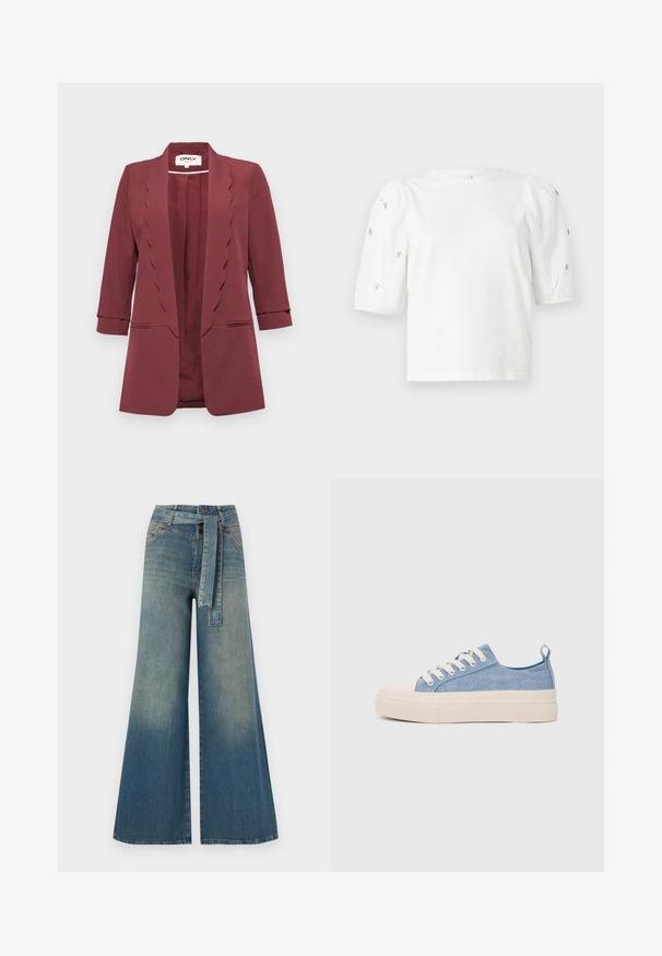 Sacou burgundy cu revere ondulate, mâneci până la cot și două buzunare frontale; realizat dintr-un material neted cu un croi adaptat.; Tricou alb din bumbac cu mâneci scurte tip bufantă, având mici embellisheuri argintii pe mâneci. Decolteu clasic rotund, croială lejeră.; Pantaloni din denim largi, cu un gradient de la albastru deschis la albastru închis, talie înaltă, bucle pentru curea și o curea din același material. Finisaj texturat din denim.; Sneakers din pânză de culoare albastru deschis, cu vârf și talon din cauciuc crem, având șireturi albe și un maner pe călcâi.