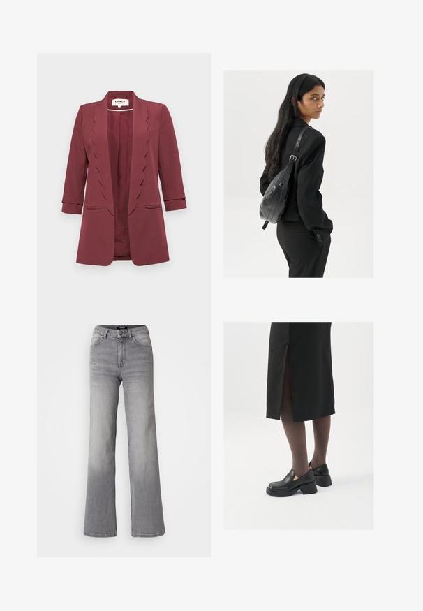 Burgundia jope, millel on lainelised kraed, kolmveerand varrukad ja kaks esi taskut; valmistatud siledast kangast, mis istub hästi.; V-kaelusega lühikese varrukaga T-särk hajutatud sinises värvitoonis, pehme puuvilla materjalist, millel on sile tekstuur ja lõdva istuvus.; Kõrge vöökoht, sirged hallid teksad, millel on ees nupp ja lukku, ees ja taga taskud ning hägune varjund reitel ja sääremarjadel.; Mustad mustad jalatsid ümmarguse varbaga, paksu plokkniidi ja elastsete külgdetailidega, kombineeritud tumedate sukkade ja musta lõhikuga seelikuga.; Pikkade tumehaired naine mustas ülikonnas, kandes musta nahast õlakotti, vaatab üle õla valge tausta taustal.