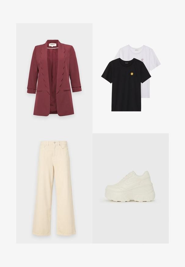 Burgundy blazer featuring scalloped lapels, three-quarter sleeves, and two front pockets; made of smooth fabric with a tailored fit.; Black and white T-shirts, round neck, short sleeves. Black shirt features yellow sun embroidery; white has purple crescent moon accent.; Beige wide-leg jeans made of cotton. Features a button closure, belt loops, and front pockets with a smooth, soft texture.; White platform sneakers featuring a smooth leather-like upper, rounded shape, padded collar, and textured rubber sole with defined treads.