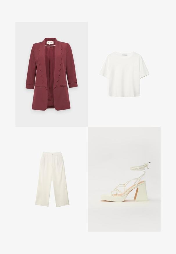 Bordo blejzer z valovitimi reverji, s tremi četrtinskimi rokavi in dvema sprednjima žepoma; izdelan iz gladkega blaga s prileganjem.; Bela kratka majica s kratkimi rokavi iz bombaža. Ima okroglo izrezovanje in sproščen kroj. Gladka tekstura brez vidnih vzorcev ali poudarkov.; Hlače širokih nogavic iz kremaste tkanine z gladko teksturo, z enim sprednjim gumbom, diskretnimi plisami in visokim pasom.; Bela sandala na visokih petah s debelim petam, ki ima obliko trakcev in vezanje okoli gležnja. Gladka tekstura z platformo spredaj za dodatno višino.