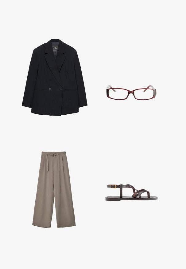Blazer double boutonné à rayures noires, avec revers en pointe, deux boutons sur le devant, poches passepoilées et manches longues, posé à plat.; T-shirt blanc à manches courtes en coton. Doté d'un col ras du cou et d'une coupe décontractée. Texture lisse sans motifs ni accents visibles.; Pantalons évasés en tissu gris doux et muted, avec une taille ceinturée et des plis pour un détail de design supplémentaire. Texture lisse, sans motifs.; Sandale en cuir marron avec des brides entrecroisées, une fermeture à boucle à la cheville et une semelle plate avec des détails de couture minimaux.; Lunettes de vue rectangulaires rouges au design épuré. Verres transparents, branches légèrement translucides, et effet dégradé du rouge vers le gris.