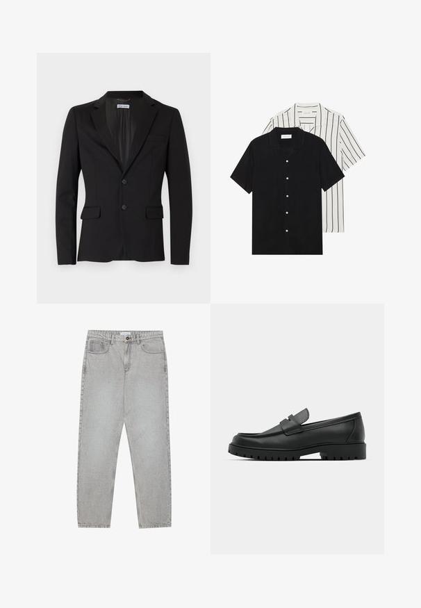 Zwarte blazer van gladde stof, met een geknipte revers, sluiting met twee knopen en zijzakken. Minimalistisch ontwerp met een gesneden pasvorm.; Twee shirts met korte mouwen: één effen zwart, één wit met zwarte verticale strepen. Beide hebben knoopsluitingen en een klassieke kraag.; Lichtgrijze denimbroek met een recht model, vijfzakkenstijl en een knoopsluiting. Zichtbare stiksels langs de naden.; Zwarte leren instappers met een ronde neus, voorzien van een gestikt ontwerp, een lage platformzool en een gestructureerde, grof rubberen buitenzool.