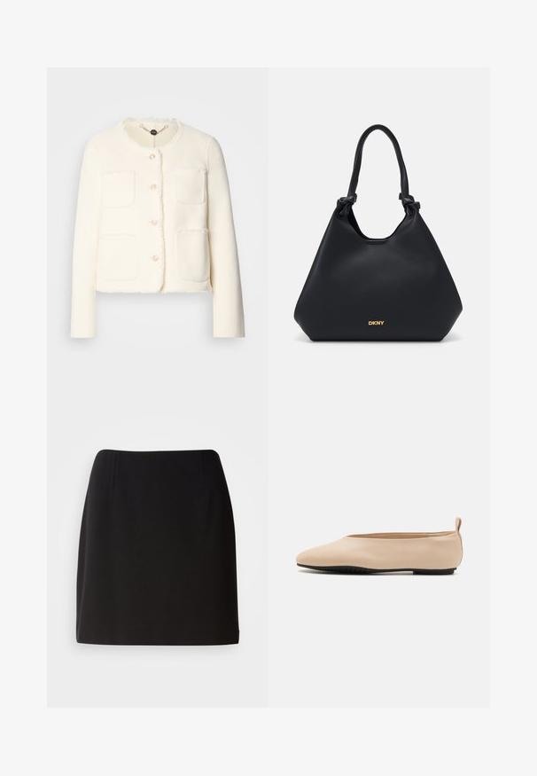 Balta vilnas jaka ar īsu dizainu, četriem priekšējiem kabatām, apaļu kakla izgriezumu un salocītām malām. Iekļauti pieci dekoratīvie pogas.; Melnas satīna haltera kakla blūze ar savilktu audumu pie kakla un gludu, plūstošu dizainu. Taisna apakša bez redzamām rakstu vai akcentu.; Melnā svārku kleita ar pieguļošu siluetu, izgatavota no gludas auduma. Uzsvars uz smalkām priekšējām krokām un vidus līdz augšstilba garuma dizainu.; Bežīgas ādas baleta kurpes ar zemu profilu, apaļu purngalu un melnu gumijas zoli, ar mazu aizmugures cilpu ērtākai uzvilkšanai.; Melnas ādas somiņa ar teksturētu apdari, mezglota roktura akcenti un zelta logo detaļa apakšā. Iedzimta izliekta silueta.