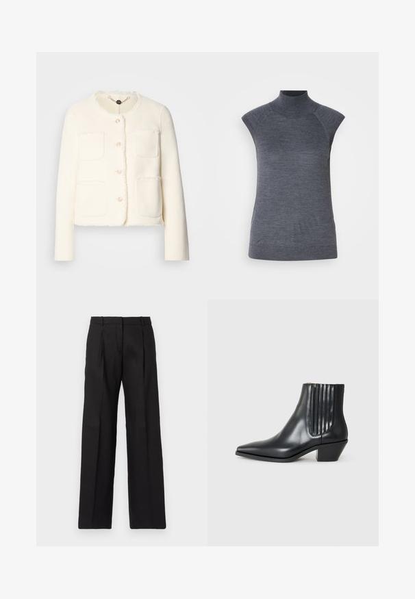 Chaqueta de lana blanca con un diseño corto, cuatro bolsillos frontales, cuello redondo y bordes deshilachados. Presenta cinco botones decorativos.; Top gris sin mangas con cuello alto, ajuste ceñido al cuerpo, textura acanalada, tela suave, presenta un cuello alto y elegantes recortes en los hombros.; Pantalones negros ajustados con un diseño de pierna recta, que presentan pliegues marcados y una textura suave. Confeccionados en una tela ligera.; Bota de cuero negra de tobillo con punta afilada, paneles laterales elásticos con ranuras verticales y un tacón bajo y cuadrado. Textura suave y diseño elegante.