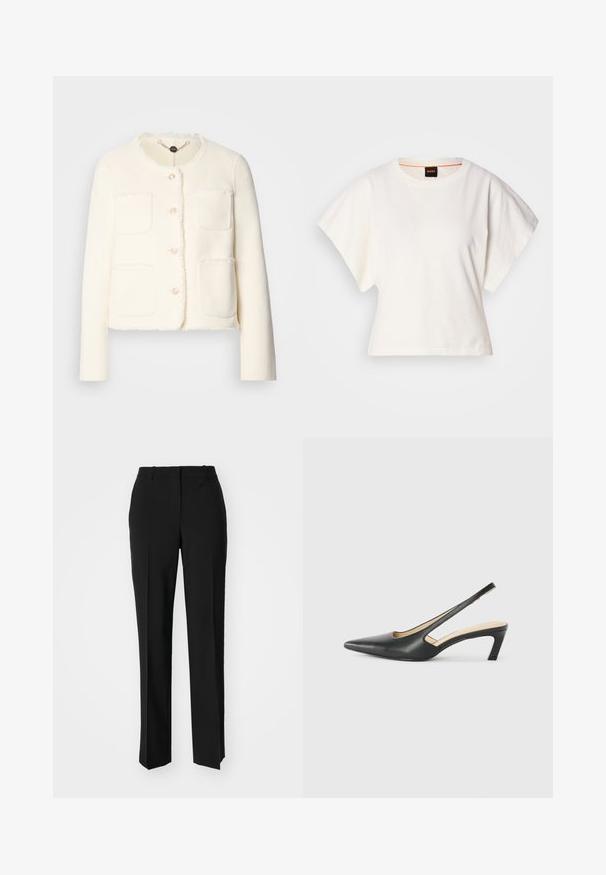 White wool jacket with a cropped design, four front pockets, round neckline, and frayed edges. Features five decorative buttons.; White cropped T-shirt, short wide sleeves, soft cotton material, round neckline with subtle orange trim, minimal design, no patterns or graphics.; Black tailored trousers with a straight-leg design, featuring a smooth texture and crisp creases along the front. No visible hardware.; Black pointy-toed slingback shoe with a low heel, featuring smooth leather material and cut-out design on the side for breathability.