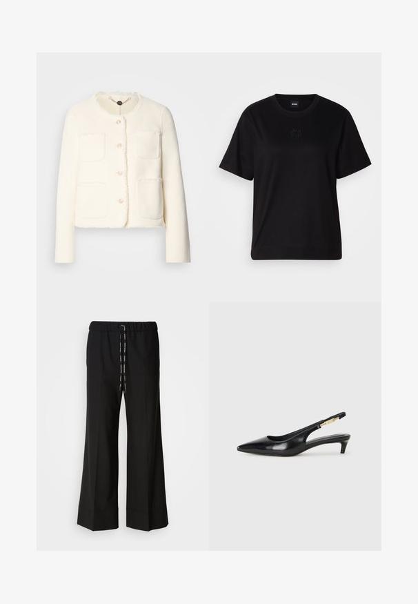 Veste en laine blanche avec un design court, quatre poches à l'avant, un col rond et des bords effilochés. Comprend cinq boutons décoratifs.; T-shirt en coton noir avec un col rond, des manches courtes et un logo brodé sur la poitrine. Coupe simple et décontractée sans motifs.; Pantalons larges noirs avec une taille élastique et un cordon noir. Fabriqués à partir d'un tissu lisse sans motifs ni éléments métalliques visibles.; Talons hauts en cuir noir avec un bout pointu, dotés d'un talon fin et d'un accent en ton or sur la lanière réglable. Texture lisse.