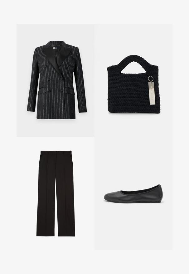 The Kooples VESTE COSTUME - Bleiseri - black; Musta hihaton paita, jossa on roikkuvaa kangasta, sivusaumojen kerääntyminen ja pitkät fringed yksityiskohdat. Paita on sileä ja istuu tiukasti.; Mustat räätälöidyt housut, jotka on valmistettu sileästä kankaasta. Housuissa on suora lahje ja kaksi sivutaskua. Elegantti ja minimalistinen rakenne.; Musta nahkainen ballerina, jossa on pyöristetty kärki, sileä pinta, minimaalinen ommelkoristelu ja joustava pohjamuotoilu.; Won Hundred MARSIELLE COMPUTER BAG UNISEX - Tietokonelaukku - black