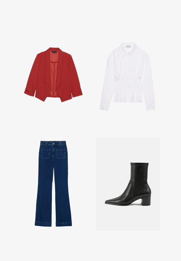 Blazer rosso in tessuto liscio, con colletto a scialle, maniche tre quarti e design aperto davanti. Senza chiusure.; Blusa bianca a maniche lunghe con colletto classico, chiusura frontale con bottoni e dettaglio arricciato sui lati. Tessuto liscio con una forma sartoriale.; Jeans a zampa d'elefante in denim di colore blu scuro, con una consistenza liscia, design a cinque tasche e chiusura a bottone in vita.; Stivale alla caviglia nero in pelle liscia, con punta appuntita, tacco a blocco e cuciture raccolte distintive lungo il bordo superiore.