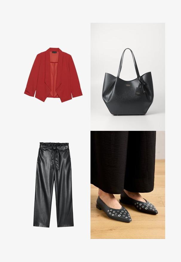 Sile punane bleiser, sujuva kangaga, millel on šaalikaelus, kolmeveerandi varrukad ja avatud eesmine disain. Ilma kinnitusteta.; Valge pikkade varrukatega pluus klassikalise kraega, ees nööbiga sulgemine ja kokkuvõetud külgedega detail. Sile kangas ja kohandatud lõige.; Must mustra aktiivse nahaga laiad püksid elastse kroogitud vöökoht ja eemaldatav sidumisrihm. Sile tekstuur ja minimaalne sära.; Mustast nahkkingad terava ninaga, millel on erineva suurusega metallist silmade kaunistused ja madal ristkülikukujuline konts. Sile tekstuur puidust põrandal.; Mustmust kotte, mis on valmistatud tekstureeritud sünteetilisest materjalist, laia siluettiga, millel on kaks käepidet ja bränditud ripatise detail.