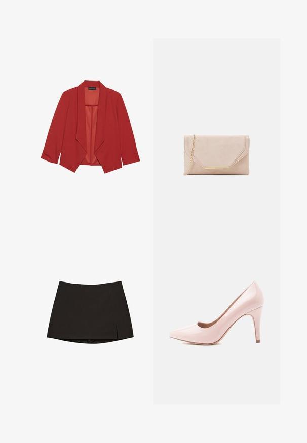 Red blazer in smooth fabric, featuring a shawl collar, three-quarter sleeves, and an open front design. No fastenings.; Asymmetrical teal top made from soft, lightweight fabric. Features draped detailing on one side and a straight hem on the other.; Black mini skirt made from smooth fabric, featuring a straight design with side slits and a clean hem. Simple and versatile.; Pink patent leather high heel pump with a pointed toe and a sleek silhouette, featuring a 4-inch stiletto heel and a smooth finish.; Beige suede clutch with a gold chain strap and rectangular hardware accent. Features a fold-over flap with angled edges and stitching detail.