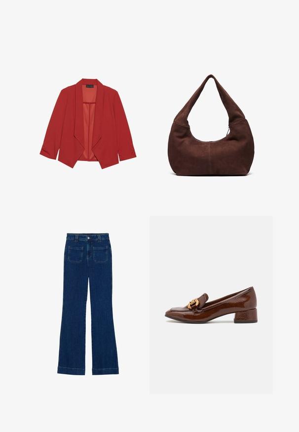 Czerwona marynarka z gładkiego materiału, z kołnierzem szalowym, rękawami o długości trzy czwarte i otwartym fasonem. Brak zapięć.; Trzy koszulki z długim rękawem: jedna jednolita burgundowa, jedna burgundowa w białe paski i jedna jednolita biała. Wszystkie wykonane są z miękkiego, elastycznego materiału.; Jeans dżinsowe z rozszerzanymi nogawkami w ciemnoniebieskim kolorze, o gładkiej fakturze, z pięcioma kieszeniami oraz zapięciem na guzik w talii.; Brązowe skórzane loafersy o błyszczącym wykończeniu, z dekoracyjnym złotym zapięciem z przodu i niskim obcasem. Klasyczny design.; Brązowa zamszowa torba hobo z krzywym, szerokim uchwytem i dużym otworem. Miękka tekstura z widocznym szyciem wzdłuż krawędzi.