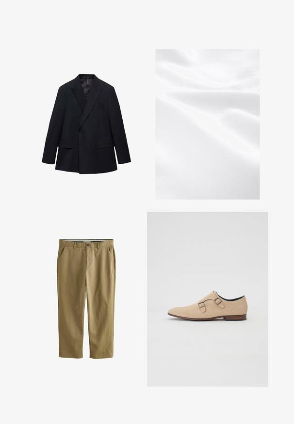 Mango MONACO - Sacou - royal blue; Material alb cu o textură netedă, prezentând cute și un luciu subtil, indicând un material ușor și moale.; Chino khaki din amestec de bumbac, dotat cu două buzunare laterale, închidere cu un nasture, picioare drepte și o textură netedă.; Pantof beige din suede cu vârf ascuțit, curele cu două catarame și toc mic din lemn. Textură netedă și design minimalist.