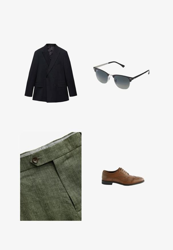 Mango MONACO błękit królewski; Jasnoniebieska, w paski, koszula z długim rękawem, z białym kołnierzykiem i mankietami, z zapięciem na guziki z przodu i zaokrąglonym dolnym brzegiem. Gładka tekstura materiału.; Zielone lniane spodnie w odcieniu oliwkowym z plisami z przodu, posiadające zapięcie na guzik i kontrastową kratkowaną podszewkę w pasie.; Brązowe skórzane buty formalne z misternym detalem broguing, okrągłym noskiem i płaskim obcasem. Posiadają pięć otworów na sznurówki i gładką teksturę.; Czarno-srebrne okulary przeciwsłoneczne w kształcie kociego oka, z gradientowymi soczewkami i metalowymi akcentami na oprawie. Plastikowe ramiona z szarymi końcówkami.