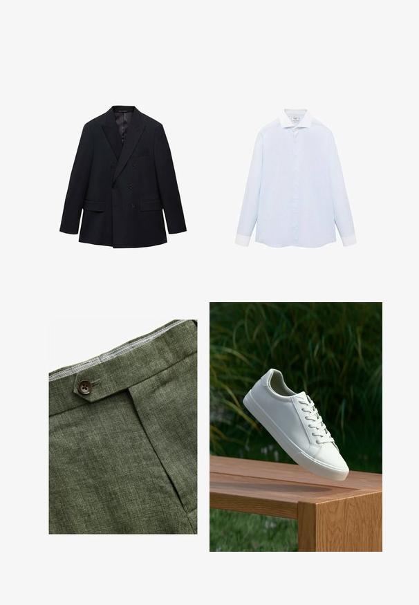 Mango MONACO - Blazer - royal blue; Lichtblauw gestreept overhemd met lange mouwen, witte kraag en manchetten, met een knoopsluiting aan de voorkant en een gebogen onderzoom. Gladde stoftextuur.; Olijf groene linnen broek met een voorplooi, voorzien van een knoopsluiting en een contrasterende geruite voering bij de tailleband.; Witte vetersneaker die boven een houten bank zweeft met groene bladeren op de achtergrond, waarbij het ontwerp en de textuur van de schoen worden getoond.