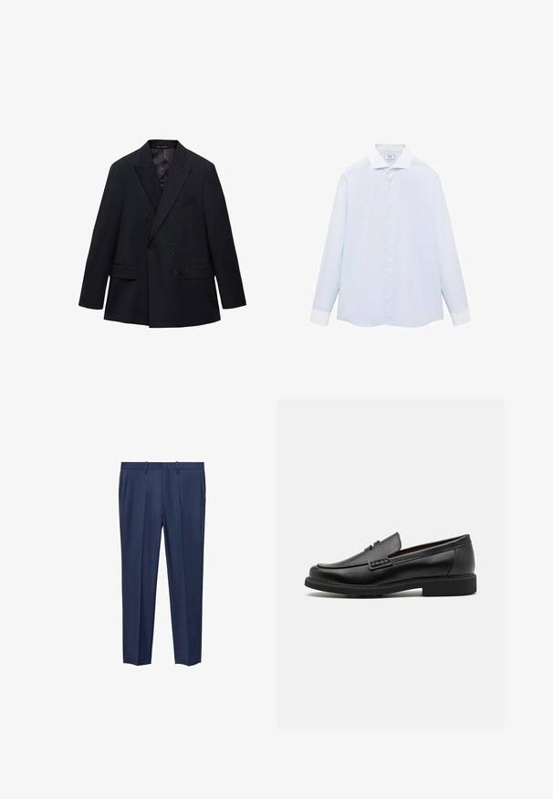 Mango MONACO - Blazer jacket - royal blue; Light blue striped long-sleeve shirt with a white collar and cuffs, featuring a button-up front and a curved hemline. Smooth fabric texture.; Navy blue trousers made from textured fabric, featuring a flat front, two side pockets, and a straight leg design.; Black synthetic loafers with a prominent stitched front, cushioned insole, and flat rubber outsole; sleek design with minimal detailing.