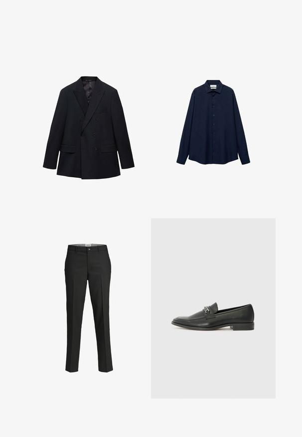 Mango MONACO - Sakko - royal blue; Marineblaues Hemd mit Knöpfen, Kragen, langen Ärmeln und geradem Saum. Verfügt über eine glatte Textur und fünf Knöpfe auf der Vorderseite.; Schwarze Hosen, taillierte Passform, glattes Material, mittelhoher Bund, vorderer Knopfverschluss, schräge Taschen und Bügelfalten entlang der Beine.; Schwarzer Lederloafer mit glatter Oberfläche, ausgestattet mit einer gesteppten Gestaltung und einem dekorativen Metallkettendetail über dem Vorderblatt. Flacher Absatz.