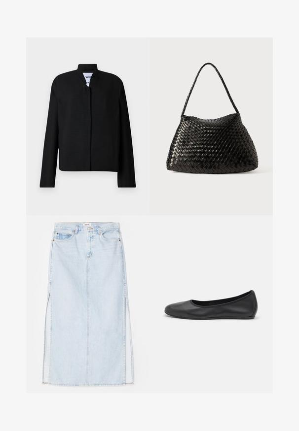 Musta takki mandariinikaulusega, pikkade varrukatega ja sirge lõikega. Valmistatud tekstuurilisest kangast, varjatud eest sulgemisega.; Valkoinen puuvillapaita, jossa on pyöreä kaula-aukko ja lyhyet hihat, rento malli ja minimalinen muotoilu. Tuotetunnus näkyvissä kaulassa.; Vaaleansininen farkkumaxi-hame, jossa on suora leikkaus, sivuaukot ja viisitaskumallinen muotoilu. Korostetut saumat ja metallinappikiinnitys.; Musta nahkainen ballerina, jossa on pyöristetty kärki, sileä pinta, minimaalinen ommelkoristelu ja joustava pohjamuotoilu.; Mustalla kudotulla nahkakäsilaukulla, jossa on kaareva, pehmeä muoto ja yksi punottu hihna. Laukussa on sileä pinta ja monimutkainen kuviointi.