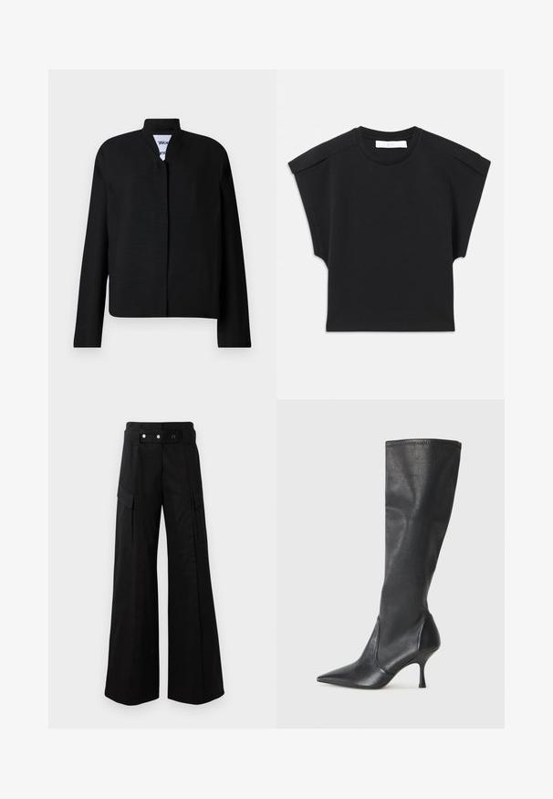 Musta takki mandariinikaulusega, pikkade varrukatega ja sirge lõikega. Valmistatud tekstuurilisest kangast, varjatud eest sulgemisega.; Mustapaitainen lyhythihainen paita pyöreällä pääntiellä ja olkainyksityiskohdilla, asetettuna vaakasuoraan valkoiselle taustalle.; Mustat leveälahkeiset housut, joissa on korkea vyötärö, suuret sivutaskut, kaksi etunappia ja silmukkayksityiskohta. Valmistettu kestävästä kankaasta.; Polvisuuriset mustat nahkasaappaat, joissa on terävä kärki ja hoikka stiletto-korko. Silkkinen pinta, tiukka muotoilu ja ompeleet yläreunassa.