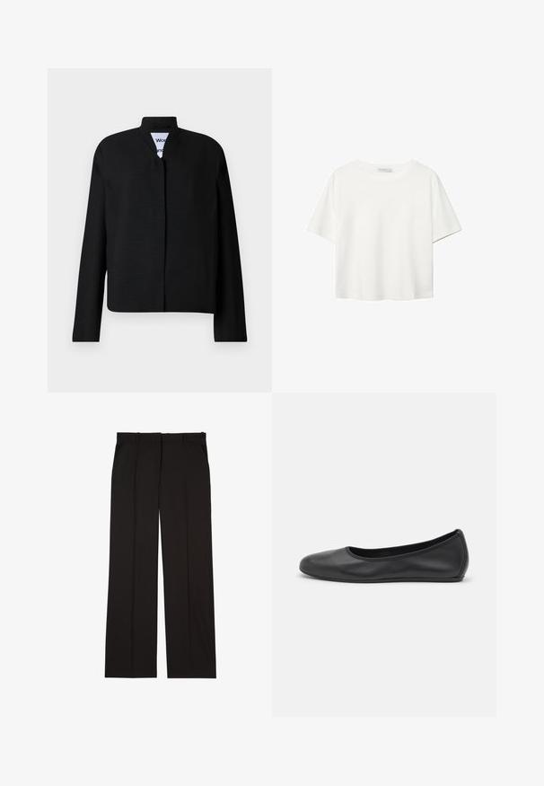 Črna jakna z mandarin ovratnikom, dolgimi rokavi in ravno silhueto. Narejena iz teksturirane tkanine, z skritim sprednjim zapiranjem.; Bela kratka majica s kratkimi rokavi iz bombaža. Ima okroglo izrezovanje in sproščen kroj. Gladka tekstura brez vidnih vzorcev ali poudarkov.; Črne krojene hlače iz gladkega materiala, s straight-leg obliko in dvema stranskima žepoma. Elegantna in minimalistična zasnova.; Črne usnjene balerinke z zaobljenim nosom, gladko teksturo, minimalnimi šivi in fleksibilno zasnovo podplata.