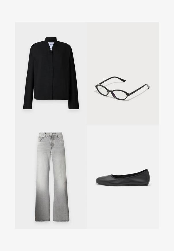 Musta takki mandariinikaulusega, pikkade varrukatega ja sirge lõikega. Valmistatud tekstuurilisest kangast, varjatud eest sulgemisega.; Valkoinen lyhythihainen T-paita, joka on tehty puuvillasta. Siinä on pyöreä kaula-aukko ja rento malli. Silkkinen pinta ilman näkyviä kuvioita tai koristeita.; Harmaa farkut, joissa on leveät lahkeet, korkea vyötärö, haalistunut rakenne, viisi taskua ja vetskari, jossa on nappisuljenta.; Musta nahkainen ballerina, jossa on pyöristetty kärki, sileä pinta, minimaalinen ommelkoristelu ja joustava pohjamuotoilu.; Mustat soikeat kehykset, joissa on puoliläpinäkyvät violetit yksityiskohdat linssissä. Kehykset ovat mattapintaiset ja hoikalla, suoralinjaisella varrella.