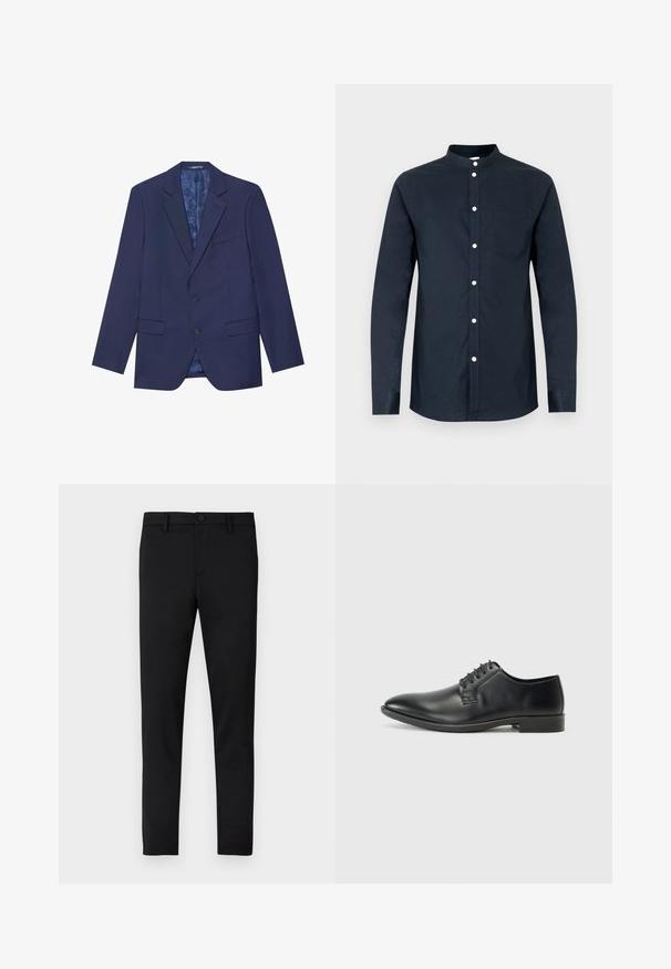 Navy blue blazer with two buttons, peak lapels, and two front pockets. Interior features a patterned lining. Textured fabric.; Men's dark navy long-sleeve shirt made of cotton, featuring a band collar, front buttons, and a left chest pocket. Smooth texture.; Black fitted trousers with a smooth texture, button closure, belt loops, and no visible patterns or accents.; Black leather lace-up shoes with a smooth finish, pointed toe, and low block heel. Features five pairs of eyelets for laces.