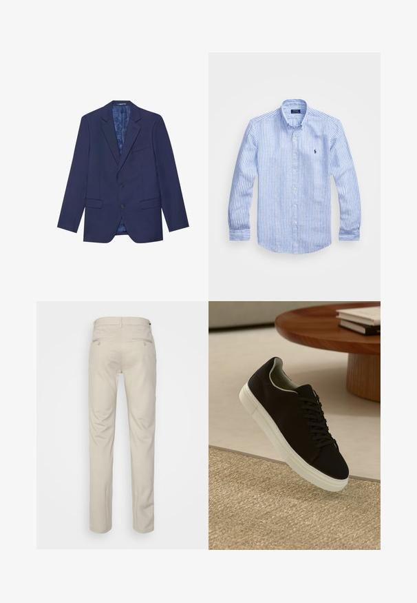 Dunkelblaues Blazer mit zwei Knöpfen, Revers und zwei Vordertaschen. Die Innenseite hat ein gemustertes Futter. Strukturierter Stoff.; Blau-weißer gestreifter Langarmshirt aus Baumwolle mit einem Button-Down-Kragen, Frontknöpfen und einem kleinen gestickten Logo auf der Brust.; Beige Hosen mit glatter Textur, geradem Schnitt, zwei Gesäßtaschen mit Knöpfen und einem normalen Bund.; Schwarze Sneakers mit weißer Sohle, die über einem beige strukturierten Teppich schweben, in der Nähe eines runden Holztisches mit gestapelten Büchern.