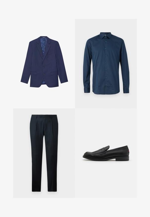 Blazer bleu marine avec deux boutons, revers en pointe et deux poches avant. L'intérieur présente une doublure à motifs. Tissu texturé.; Chemise bleu marine à manches longues et boutons, fabriquée en tissu lisse. Présente un col standard, une patte de boutonnage à l'avant avec des boutons assortis et des manches à poignets.; Pantalon noir sur mesure en tissu lisse, présentant un design slim fit, deux plis avant et une taille plate sans matériel visible.; Mocassins en cuir noir avec une finition lisse, un bout arrondi et une petite flèche décorative. Dotés d'un petit talon empilé et d'un détail de marque subtil.