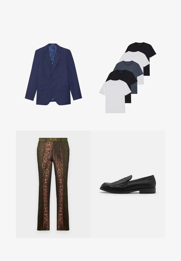 Blazer blu navy con due bottoni, rever a punta e due tasche anteriori. L'interno presenta una fodera a fantasia. Tessuto testurizzato.; Set di cinque t-shirt in nero, bianco e blu navy. Tessuto di cotone, maniche corte, design a collo rotondo e texture semplice senza motivi.; Pantaloni verdi a fantasia con motivo a pelle di serpente in tonalità di marrone e arancione, taglio dritto e texture liscia.; Mocassini in pelle nera con finitura liscia, punta arrotondata e una piccola pattina decorativa. Presentano un tacco basso e impilato e un sottile dettaglio di branding.