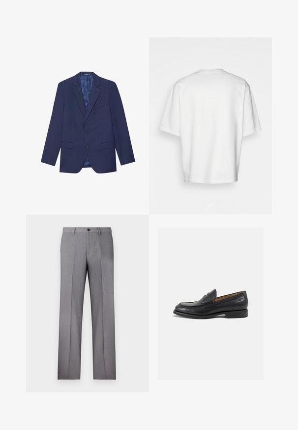 Blazer blu navy con due bottoni, rever a punta e due tasche anteriori. L'interno presenta una fodera a fantasia. Tessuto testurizzato.; T-shirt bianco a maniche corte, vestibilità ampia, collo rotondo, in morbido cotone, retro senza decorazioni, orlo dritto, senza fantasie o dettagli.; Pantaloni grigi su misura con frontale piatto, due tasche laterali e chiusura a un bottone. Tessuto liscio con un sottile motivo a righe verticali.; Mocassini in pelle nera con finitura liscia, punta arrotondata e cuciture decorative sulla tomaia. Tacco basso impilato e leggero lucido.