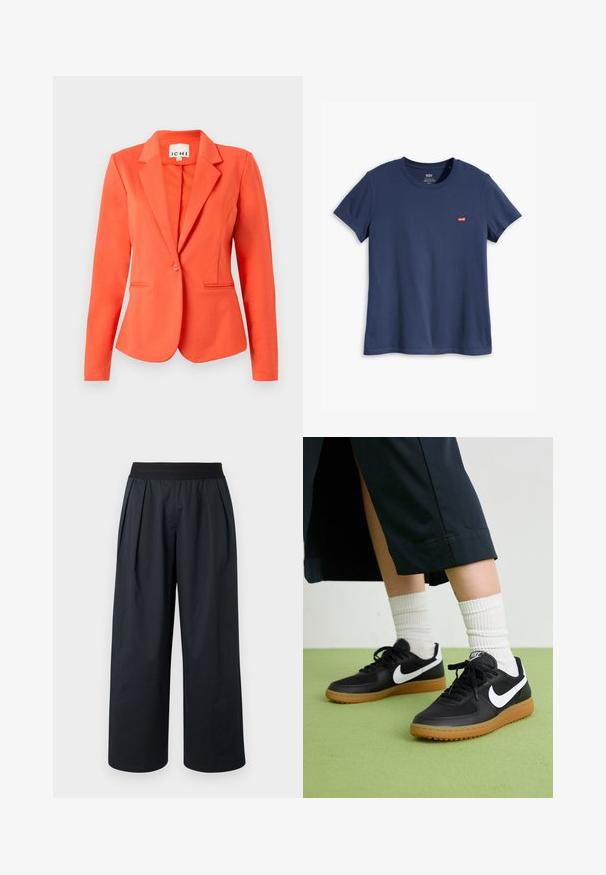 Coral blazer made of smooth fabric with a fitted design, single button closure, notched lapels, and two front pockets.; Navy blue t-shirt made of cotton; features a round neckline, short sleeves, and a small red Levi's logo on the chest.; Black wide-leg pants with a pleated front, elastic waistband, and smooth fabric texture. Features a loose fit and cropped length.; Black leather and synthetic sneakers with white Nike swoosh, rubber gum sole, round toe, and black laces. Ribbed white socks visible.