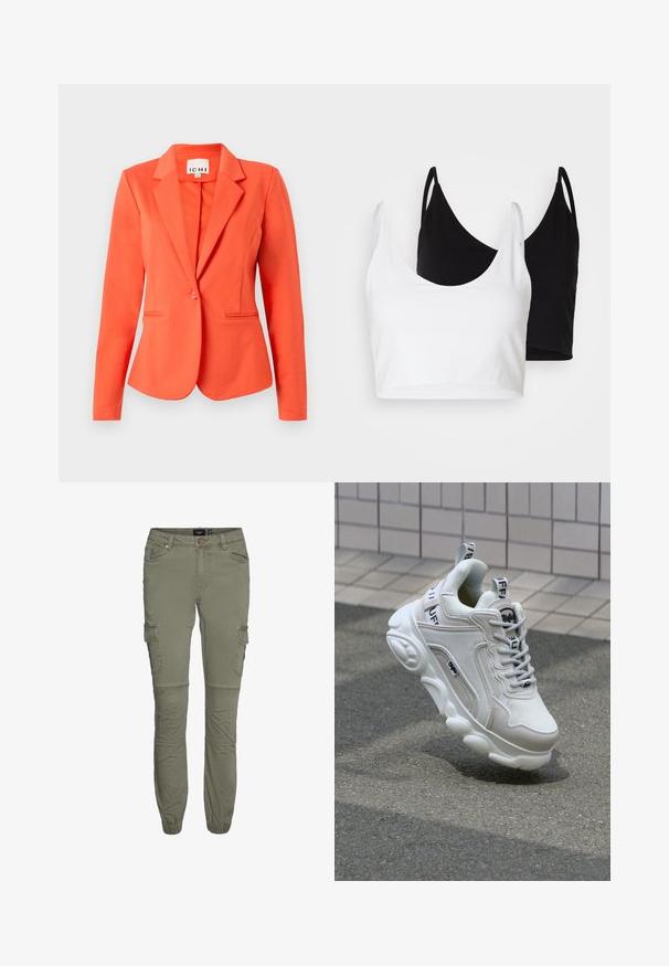 Korallszínű blézer sima anyagból, testhez álló fazonban, egygombos zárással, kihajtott gallérral és két elülső zsebbel.; Két pamut crop top fehér és fekete színben. Mindkettő mély nyakkivágással és vékony vállpántokkal rendelkezik, sima, puha textúrával.; Olíva zöld cargo nadrág tartós pamut keverékből, tapered szárakkal, több zsebbel és térdhajlással a nagyobb mozgékonyság érdekében.; Fehér sneaker, hálós és bőr anyagokból, kerek orral, vastag talppal, feltűnő fűzőkkel és logóval a sarokon és a nyelven.