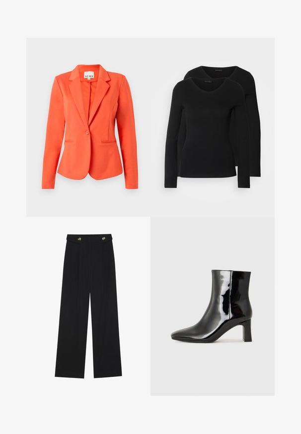 Koralli takki, joka on valmistettu sileästä kankaasta ja siinä on muotoiltu malli, yksittäinen nappikiinnitys, lovetut kaulukset ja kaksi etutaskua.; Kaksi mustaa pitkähihaista paitaa V-aukkolla, valmistettu pehmeästä ja joustavasta kankaasta, joka osoittaa sileää tekstuuria ja istuvaa muotoa.; Mustat leveälahkeiset housut, joissa on korkea vyötärö, napit vyötärönauhassa ja etupuolella laskokset.; Musta patenttilakattu nilkkuri, jossa on terävä kärki ja keskipitkä lohkarekorko. Silkkinen pinta ja minimalistinen muotoilu.