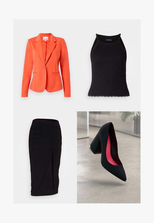 Koralen blazer iz gladkega blaga s prilegajočim krojem, zapiranjem na en gumb, zareznimi reverji in dvema sprednjima žepoma.; Črn rebrast top brez rokavov z valovitimi čipkastimi robovi na dnu. Ima tanke naramnice in oprijet kroj. Narejen je iz raztegljivega materiala.; Črna, nabrana svinčnik krilo z detajlom v obliki traku in stranskim razporkom. Narejeno iz raztegljive tkanine, ki se ponaša z gladko teksturo in oblikovanjem, ki se prilega telesu.; Črne visoke petke z nazobčanim prstom, teksturirano površino in živahnimi rožnatimi notranjimi deli. Imajo robustno peto z srebrnim akcentom.