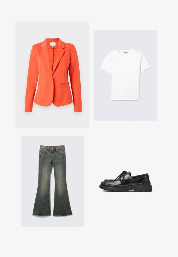 Korálový blazer vyrobený z hladkej tkaniny s priliehavým strihom, jednostranným zapínaním na gombík, so zárezy na reveroch a dvoma prednými vreckami.; Biele krátke tričko s krátkym rukávom z bavlny, s okrúhlym výstrihom a rovnými lemami. Minimalistický dizajn bez viditeľných vzorov alebo akcentov.; Rozšírené denimové džínsy v bledomodrej farbe s klasickým dizajnom piatich vreciek, s jemnou textúrou a viditeľnými švovými akcentmi.; Čierne kožené loďky s okrúhlym špičkou, šnurovací dizajn, prešívané akcenty a hrubá gumová podošva s textúrovaným vzorom pre lepšiu priľnavosť.
