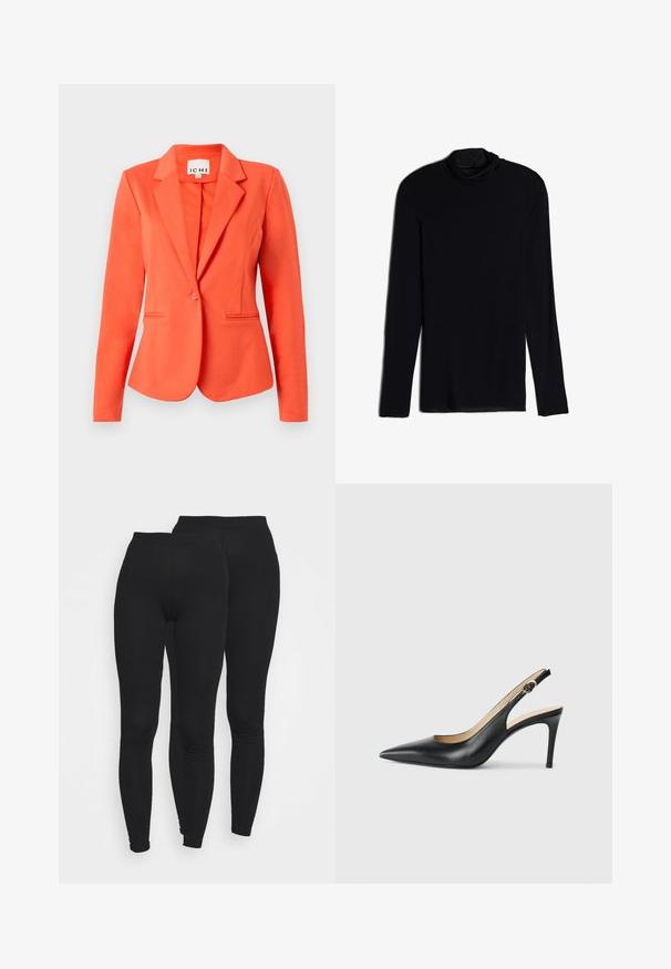 Blazer coral hecho de tejido suave con un diseño ajustado, cierre de un solo botón, solapas de muesca y dos bolsillos frontales.; Top negro de manga larga con cuello tipo cowl, hecho de una tela suave y lisa; diseño ajustado con dobladillo recto y sin costuras visibles.; Leggings negros con una banda elástica en la cintura, hechos de una tela suave y elástica. Presentan un diseño ajustado que se estrecha en los tobillos.; Tacones altos negros de cuero con tirantes, punta afilada, correa ajustable y un elegante tacón de aguja, con un acabado suave.