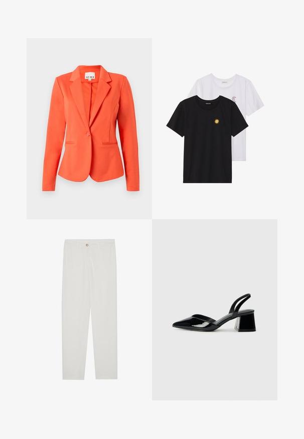 Koralli takki, joka on valmistettu sileästä kankaasta ja siinä on muotoiltu malli, yksittäinen nappikiinnitys, lovetut kaulukset ja kaksi etutaskua.; Musta ja valkoinen T-paita, pyöreä kaula-aukko, lyhyet hihat. Mustassa paidassa on keltainen auringon brodeeraus; valkoisessa on violetti puolikuu-aksentti.; Valkoiset, muotoon ommellut housut, joissa on suora lahjerakenne, napillinen sulkeminen, vyölenkit ja sivutaskut; sileä kangas.; Mustat patentoitu nahkakengät, joissa on säären takaosa ja terävä kärki, sekä geometrinen palikkakorko. Sisältää tyylikkään, minimalistisen muotoilun ja sileän pinnan.