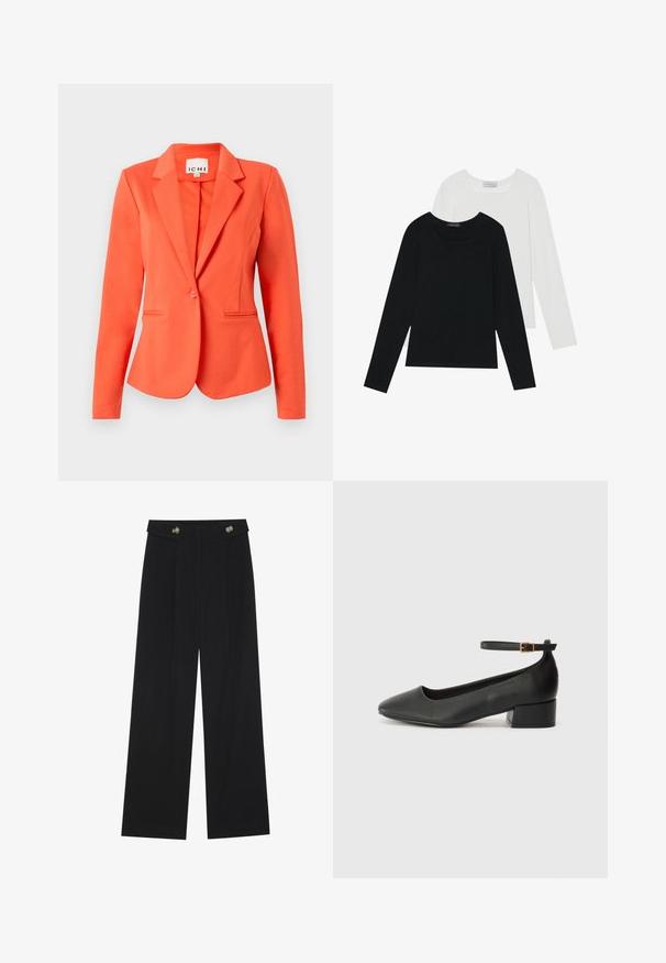 Korallblazer i slätt tyg med en figursydd design, enkel knappstängning, spetsslag och två framfickor.; Två långärmade toppar, en svart och en vit, båda med fyrkantig halsringning och tillverkade av mjukt, stretchigt tyg.; Svarta vida byxor med hög midja, knäppdetaljer i midjan och framfickor.; Svart läderpump med spetsig tå och en låg klack. Har en ankelsnodd med en guldtonad spänne. Slät textur.