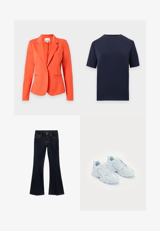 Sacou coral din țesătură netedă, cu un design ajustat, închidere cu un singur nasture, revere încrețite și două buzunare frontale.; Tricou de culoare albastru marin, cu mânecă scurtă și guler rotund, design simplu, prezentat plat pe un fundal alb.; Jeansi din denim bleu închis, cu talie înaltă, buzunare frontale și picioare evazate, expuși plat pe un fundal alb.; Pantofi sport de culoare albastru deschis, cu un superior din plasă și sintetice, având buline albe și accente reflective, design cu șireturi și tălpi căptușite.