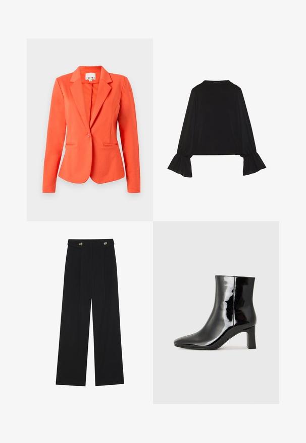 Koralli takki, joka on valmistettu sileästä kankaasta ja siinä on muotoiltu malli, yksittäinen nappikiinnitys, lovetut kaulukset ja kaksi etutaskua.; Musta pitkähihainen toppi, jossa on levenevät hihansuut, pehmeä rakenne ja rento fit, yksinkertaisella pyöreällä pääntiellä.; Mustat leveälahkeiset housut, joissa on korkea vyötärö, napit vyötärönauhassa ja etupuolella laskokset.; Musta patenttilakattu nilkkuri, jossa on terävä kärki ja keskipitkä lohkarekorko. Silkkinen pinta ja minimalistinen muotoilu.