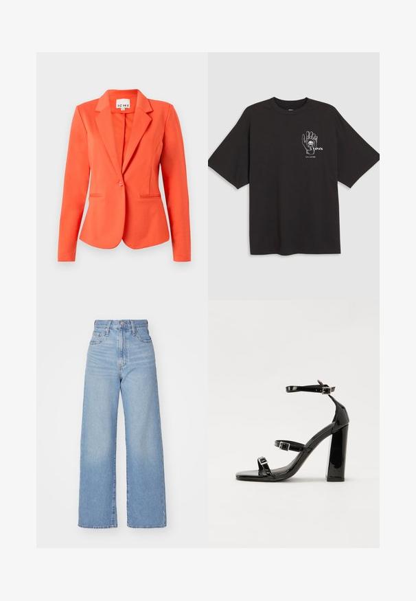 Sacou coral din țesătură netedă, cu un design ajustat, închidere cu un singur nasture, revere încrețite și două buzunare frontale.; Tricou din bumbac negru cu mâneci scurte, având un grafic al unei mâini și textul "Levi's LA LUNE" în alb pe zona stângă a pieptului.; Jeans cu talie înaltă, de culoare albastru deschis, cu croială largă, dotate cu nasture și fermoar la față, buzunare în față și spate, pe un fundal alb.; Sandale cu toc din patent negru, cu vârf pătrat, curele la gleznă și catarame din argint. Dispune de un toc gros pentru stabilitate.