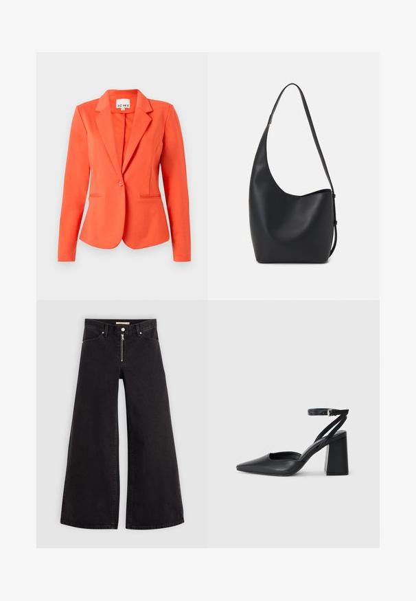 Coral blazer made of smooth fabric with a fitted design, single button closure, notched lapels, and two front pockets.; Black cotton t-shirt with short sleeves, featuring a hand graphic and text "Levi's LA LUNE" in white on the left chest area.; Wide-leg jeans in black denim with a zippered front, five-pocket design, and subtle stitching details. Smooth texture and casual style.; Black leather pointy-toe pump with an ankle strap and a chunky heel. Flat texture, sleek design, and minimalistic aesthetics.; Black leather hobo bag with a smooth texture, curved shape, and single adjustable strap; features a wide opening at the top.