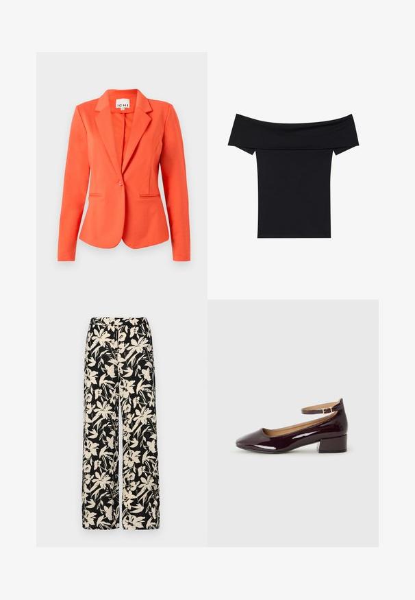 Koraļļu žakete, kas izgatavota no gludas auduma, ar pieguļošu dizainu, vienu pogu aizdari, izgrieztiem lakatiem un divām priekšējām kabatām.; Melns topiņš bez pleciem, izgatavots no mīksta stiepjama materiāla. Iezīmēts ar īsām piedurknēm un pieguļošu siluetu. Vienkāršs, bezšuvju dizains.; Melni platie bikses ar krēmkrāsas ziedu rakstu. Izgatavotas no viegla auduma, kuram ir gluda tekstūra un augsta jostasvietas daļa.; Spīdīga tumši bordo augstpapēžu kurpe ar noapaļotu purngalu un potīšu jostu, novietota uz vienkrāsainas fona.