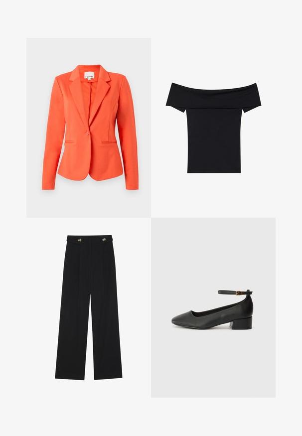 Koralo spalvos švarkas, pagamintas iš lygios medžiagos, su prigludusia forma, vienu užsegimu, išpjautomis apykaklėmis ir dviem priekineis kišenėmis.; Juoda off-the-shoulder palaidinė, pagaminta iš minkštos elastingos medžiagos. Savybės: trumpi rankovės ir prigludusi siluetas. Paprastas, vientisas dizainas.; Juodi plačios kojos kelnės su aukštu liemeniu, sagų detalėmis ant liemens ir priekinėmis raukšlėmis.; Juodas odinis aukštakulnis batelis su smailiu pirštu ir žemu bloku. Su kulkšnies dirželiu su auksinės spalvos sagtimi. Lygus paviršius.