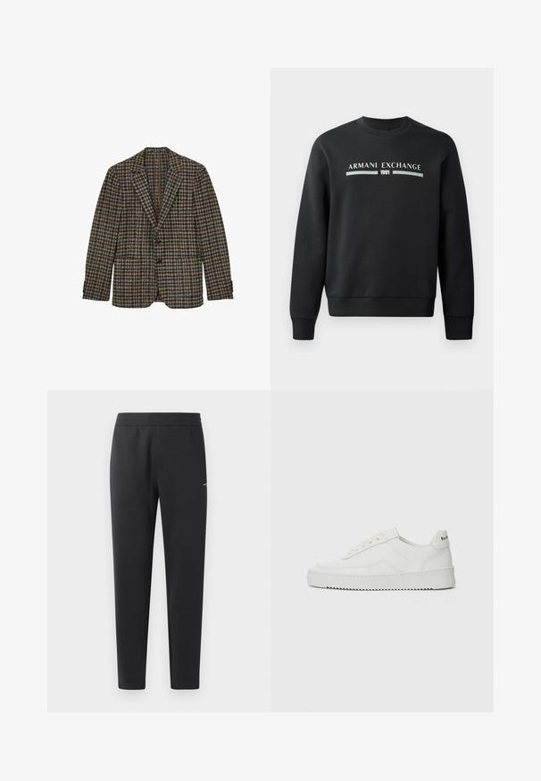 Blazer a quadri marrone e blu, design monopetto, colletto a revers, due tasche frontali, tessuto in lana testurizzato, dettagli con tre bottoni ai polsini.; Felpa nera realizzata in tessuto morbido. Caratterizzata da un collo rotondo e maniche lunghe. Sul davanti sono stampate le diciture "ARMANI EXCHANGE" e "1991" in colori a contrasto.; Pantaloni jogger neri realizzati in tessuto morbido, con vita elasticizzata, gambe dritte e un piccolo logo sulla parte laterale.; Sneaker in pelle bianca con una finitura liscia, punta rotonda, lacci piatti e suola testurizzata. Presenta un logo discreto sul tallone.