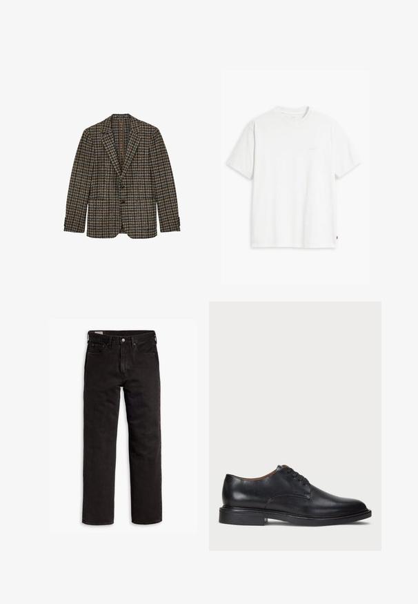 Bruine en blauwe geruite blazer, enkelvoudig ontwerp, met notch-revers, twee frontzakken, gestructureerde wollen stof, accenten van drie knopen bij de mouwen.; Wit katoenen T-shirt met korte mouwen, ronde hals en een subtiel "Levi's" logo in een lichte kleur op de voorkant gedrukt.; Zwarte recht gesneden denim jeans met vijf zakken, knoopsluiting en riemlussen, plat gelegd op een witte achtergrond.; Zwart leren dresschoen met een ronde neus, vetersluiting en een lage gestapelde hak. Gladde textuur met minimale stiksels.