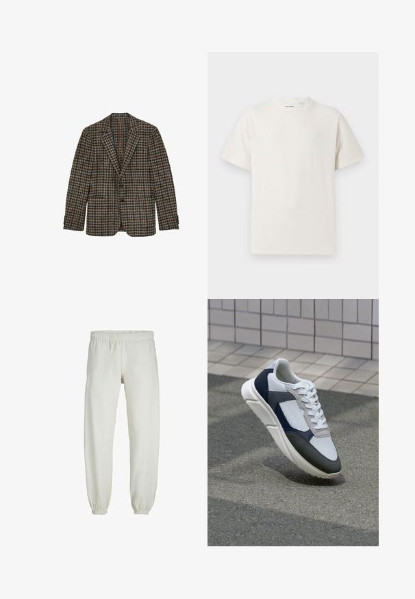 Hnědo-modrý kostkovaný blazer, jednoradový design, klopové límce, dvě přední kapsy, texturovaná vlněná tkanina, akcenty se třemi knoflíky na manžetách.; Bílý krátký rukáv tričko s pružnou strukturou. Kulatý výstřih, volný střih, bez viditelných vzorů nebo detailů. Jednoduchý a univerzální design.; Bílé tepláky vyrobené z měkkého materiálu, s elastickým pasem a manžetami, s hladkou texturou a volným střihem.; Bílé, námořnické a šedé tenisky s kombinovaným materiálovým designem, který zahrnuje texturovaný svršek, ploché šňůrky a polstrovanou podešev.