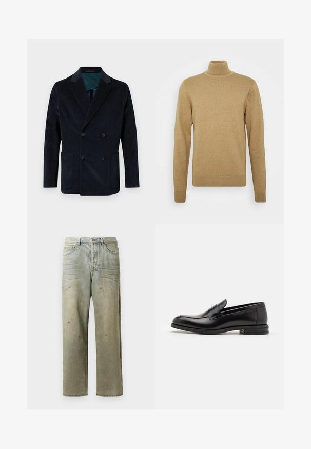 Dwurzędowa ciemnoniebieska marynarka z korduroyu, z dwoma przednimi kieszeniami i kontrastową turkusową podszewką.; Beżowy sweter z golfem wykonany z miękkiej dzianiny. Posiada długie rękawy oraz dopasowany krój. Prążkowane wykończenie u dołu i przy golfie.; Zniszczone dżinsy w jasnym zielonym kolorze, z prostymi nogawkami, pięcioma kieszeniami oraz nierównomiernym blaknięciem i plamami farby.; Czarne skórzane mokasyny o gładkiej fakturze, zaokrąglonym nosku i dekoracyjnym pasku na przodzie. Niski, warstwowy obcas, minimalistyczny design.