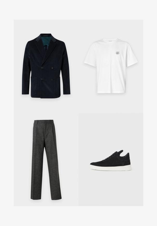 Dvojen srajcni temno mornarsko modri suknjič iz kordiraja, ki ima dva sprednja žepa in kontrastno teal podlogo.; Bela majica iz bombaža s kratkimi rokavi, okroglim izrezom in majhnim sivim logotipom na levi strani prsnega dela. Gladka tekstura.; Sive krojene hlače iz teksturirane tkanine, ki imajo dva sprednja nabora in ravno kroj. Brez vidnih žepov ali okrasnih elementov.; Črne semiš športne copate z belo gumijasto podplatom, ki imajo toneče šive in vezalni dizajn. Gladka tekstura z modernim, poenoteno oblikovano silhueto.